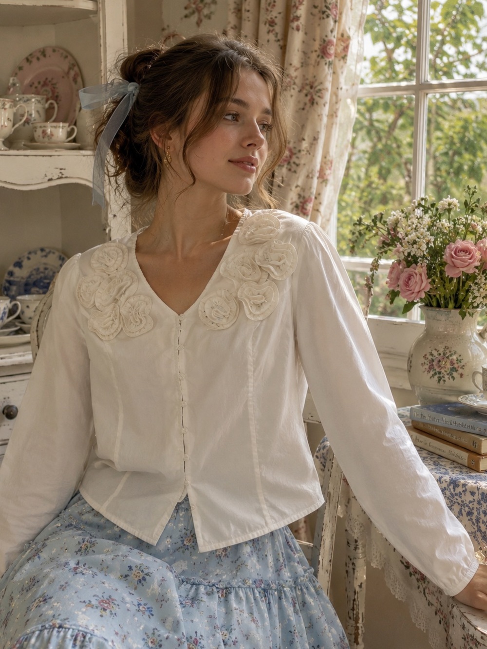 Cynthia Rowley White Floral-Appliqué V-Neck Blouse cottage coquette romantic